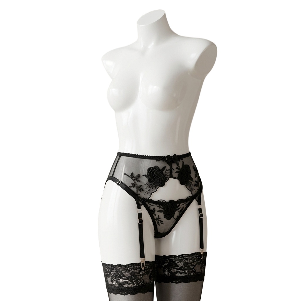 Garter Belt Set - Damesbroekband en slipset met geborduurde bloemen,